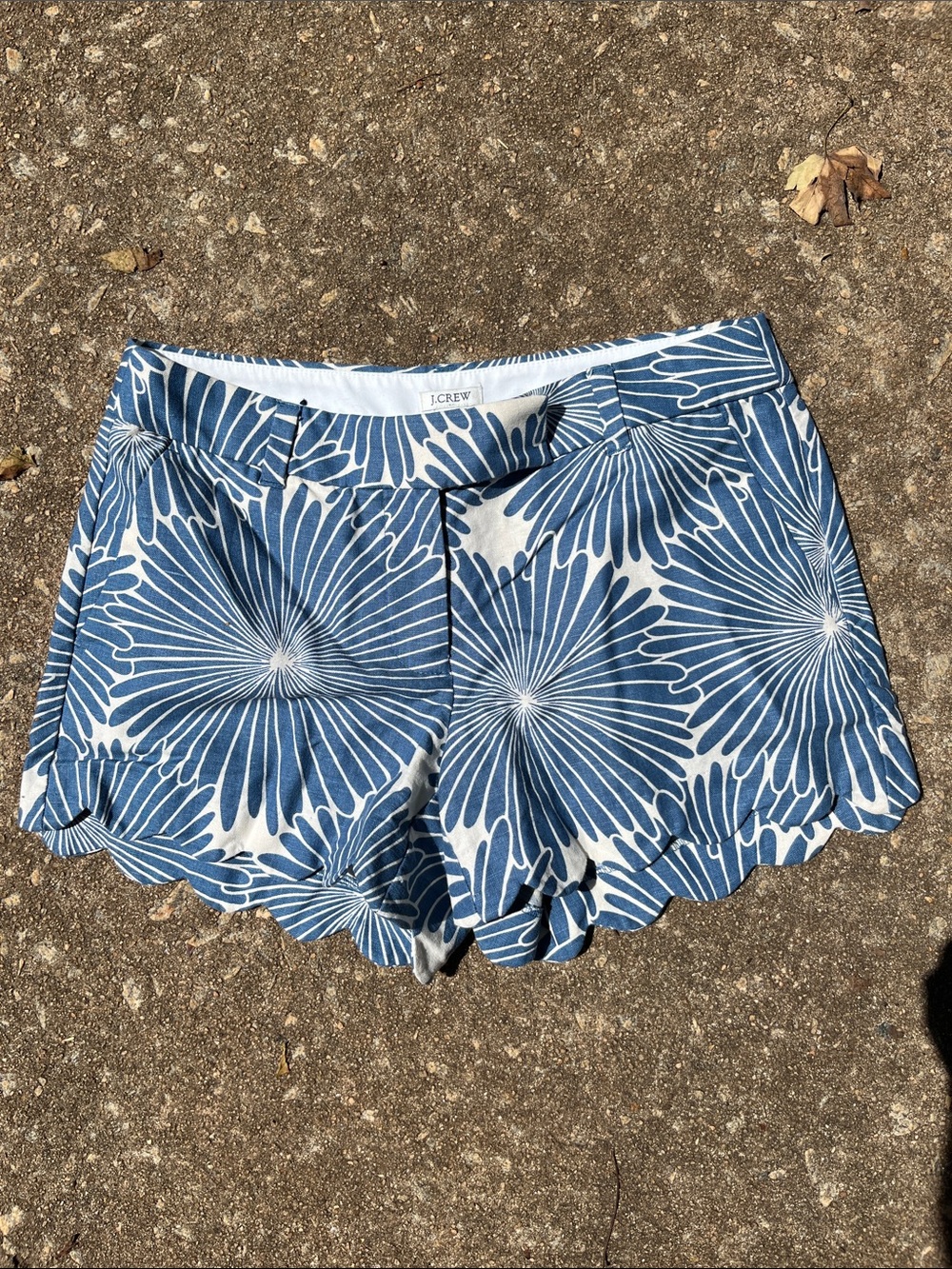 J. Crew Blue and White Floral Scallop-Hem Shorts